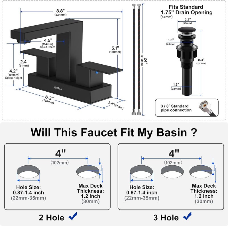 Hurran Matte Black Bathroom Sink Faucet, 4 inch Bathroom Faucets for Sink 3 Hole with Pop-up Drain and Supply Lines, Stainless Steel 2-Handle Faucet for Vanity RV Restroom - Image 5